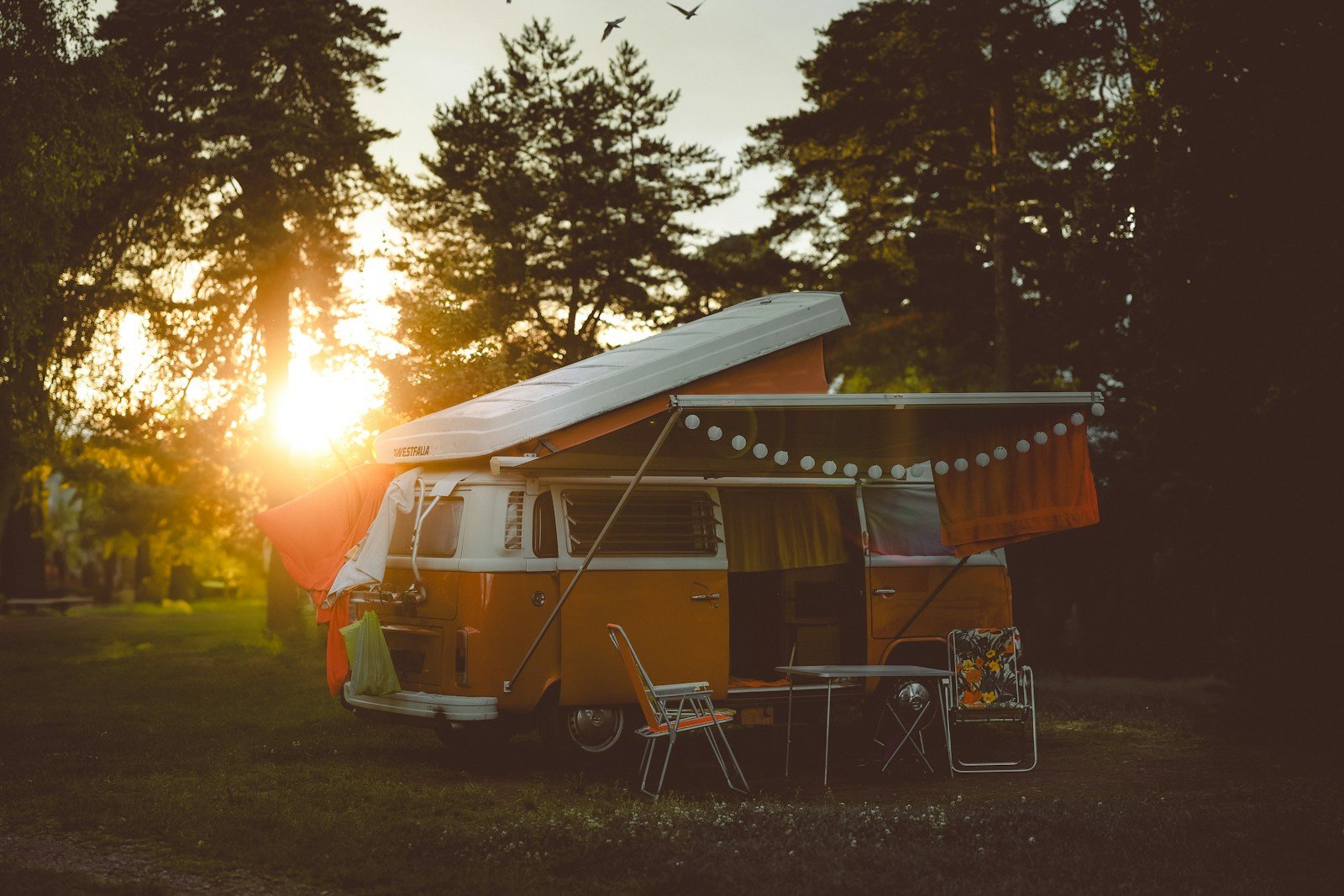 Parcela de camping al atardecer con vehículo grande estacionado entre árboles